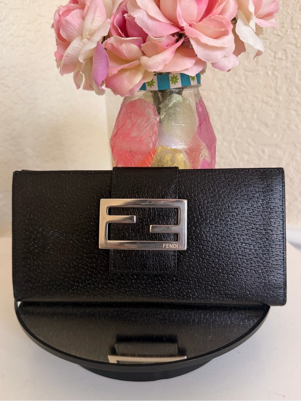 Fendi Zucchino FF Flap Black Calfskin Leather Long Continental Wallet Clutch